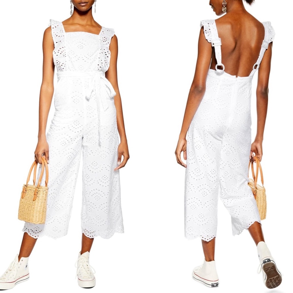 New Topshop White Embroidered Ruffle Jumpsuit